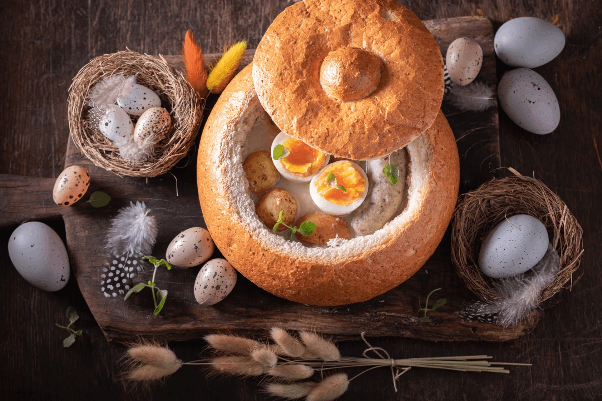 Wielkanocny barszcz biały z jajkiem i białą kiełbasą podany w chlebie